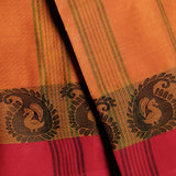 Orange And Yellow Stripe Design Devi Consecrated pure cotton saree with olive green temple border