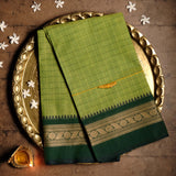 Handwoven Red Devi Consecrated cotton saree all over body yellow butta with solid brown border