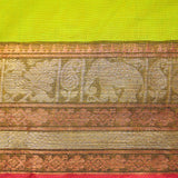 Handwoven chartreuse green saree featuring a beautifully elaborative traditional border in brown