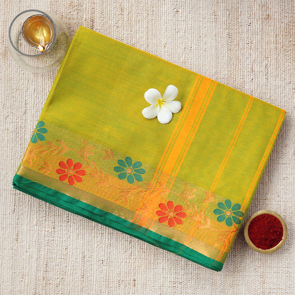 Handwoven dual-tone consecrated cotton saree in yellow and green with a beautiful floral and leafy border
