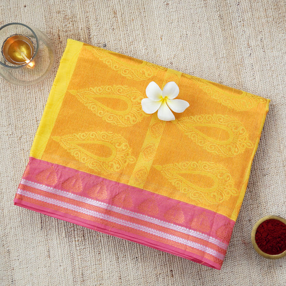 Handwoven yellow consecrated cotton saree with a contrasting and gorgeous deep pink border