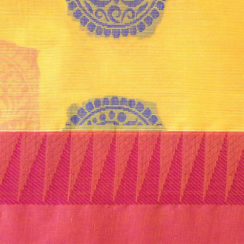 Handwoven yellow consecrated cotton saree with lotus patterns crafted in pink and royal blue
