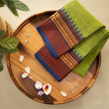 Devi Consecrated Cotton Saree – Lime Green with Maroon & Navy Blue Traditional Woven Border