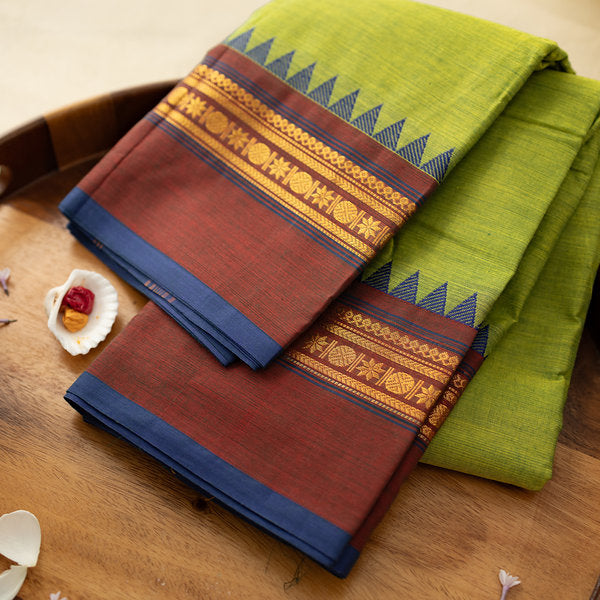 Devi Consecrated Cotton Saree – Lime Green with Maroon & Navy Blue Traditional Woven Border