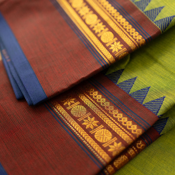 Devi Consecrated Cotton Saree – Lime Green with Maroon & Navy Blue Traditional Woven Border
