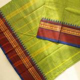 Devi Consecrated Cotton Saree – Lime Green with Maroon & Navy Blue Traditional Woven Border