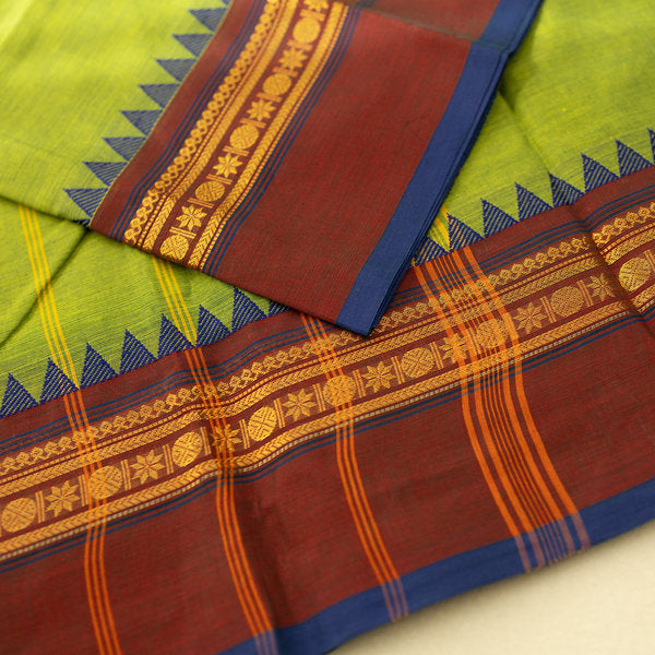 Devi Consecrated Cotton Saree – Lime Green with Maroon & Navy Blue Traditional Woven Border