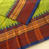 Devi Consecrated Cotton Saree – Lime Green with Maroon & Navy Blue Traditional Woven Border