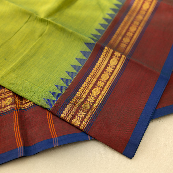 Devi Consecrated Cotton Saree – Lime Green with Maroon & Navy Blue Traditional Woven Border