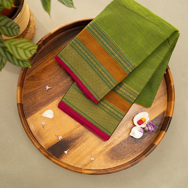 Devi Energised Cotton Saree – Olive Green with Mustard Gold & Magenta Pink Woven Border