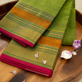 Devi Energised Cotton Saree – Olive Green with Mustard Gold & Magenta Pink Woven Border