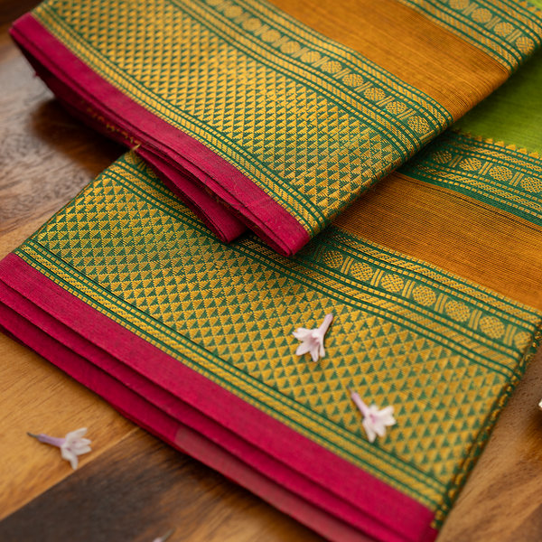 Devi Energised Cotton Saree – Olive Green with Mustard Gold & Magenta Pink Woven Border