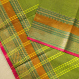 Devi Energised Cotton Saree – Olive Green with Mustard Gold & Magenta Pink Woven Border