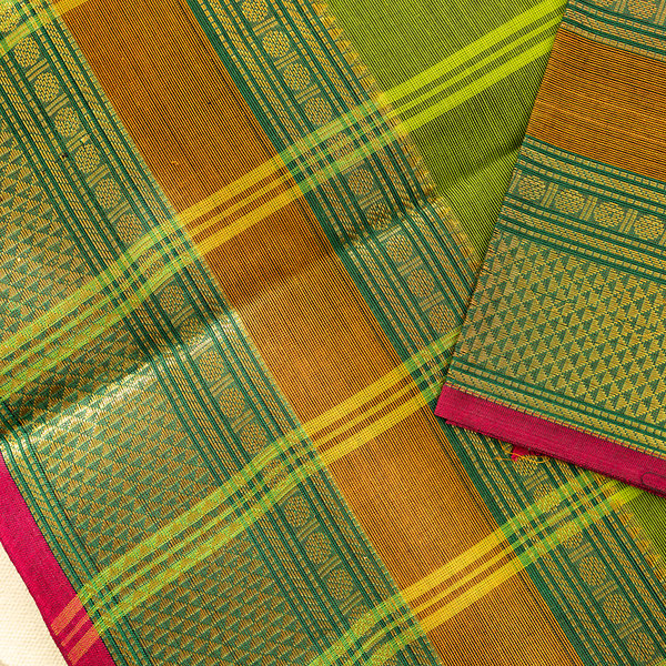 Devi Energised Cotton Saree – Olive Green with Mustard Gold & Magenta Pink Woven Border