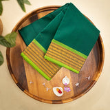 Devi Consecrated Cotton Saree – Deep Emerald Green with Golden Yellow & Lime Green Woven Border