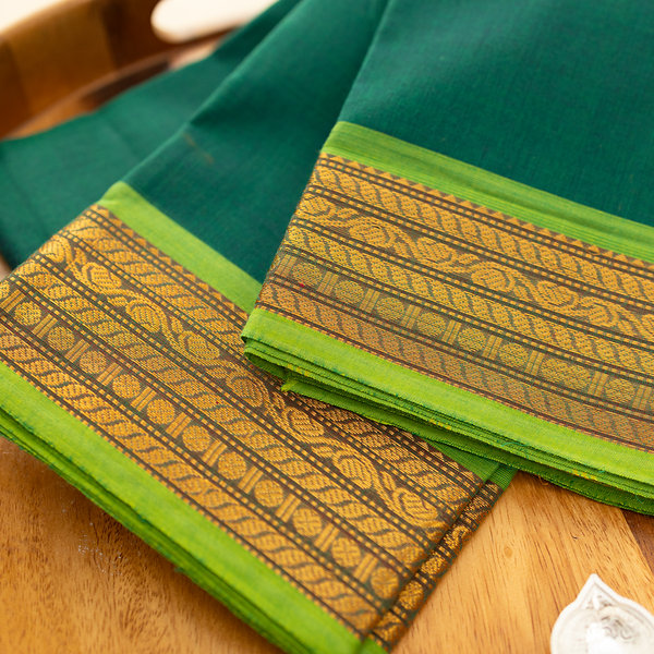 Devi Consecrated Cotton Saree – Deep Emerald Green with Golden Yellow & Lime Green Woven Border