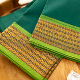 Devi Consecrated Cotton Saree – Deep Emerald Green with Golden Yellow & Lime Green Woven Border