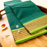 Devi Consecrated Cotton Saree – Deep Emerald Green with Golden Yellow & Lime Green Woven Border