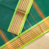 Devi Consecrated Cotton Saree – Deep Emerald Green with Golden Yellow & Lime Green Woven Border