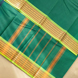 Devi Consecrated Cotton Saree – Deep Emerald Green with Golden Yellow & Lime Green Woven Border