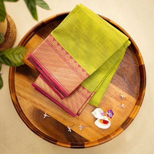 Devi Consecrated Cotton Saree – Lime Green with Golden Pink Traditional Woven Border
