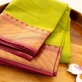 Devi Consecrated Cotton Saree – Lime Green with Golden Pink Traditional Woven Border