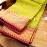 Devi Consecrated Cotton Saree – Lime Green with Golden Pink Traditional Woven Border