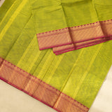 Devi Consecrated Cotton Saree – Lime Green with Golden Pink Traditional Woven Border