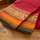 Devi Consecrated Cotton Saree – Deep Crimson Red with Golden Orange & Olive Green Traditional Woven Border