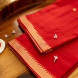 Devi Consecrated Cotton Saree – Bright Vermilion Red with Golden Woven Border