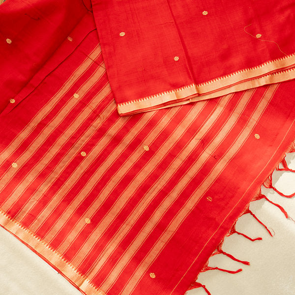 Devi Consecrated Cotton Saree – Bright Vermilion Red with Golden Woven Border