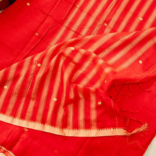 Devi Consecrated Cotton Saree – Bright Vermilion Red with Golden Woven Border