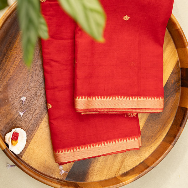 Devi Consecrated Cotton Saree – Bright Vermilion Red with Golden Woven Border