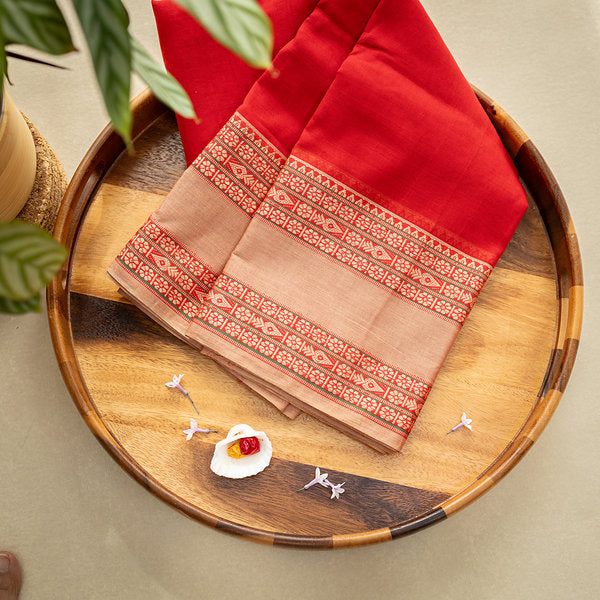 Devi Consecrated Cotton Saree – Vibrant Red with Beige Gold & Traditional Woven Border