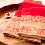 Devi Consecrated Cotton Saree – Vibrant Red with Beige Gold & Traditional Woven Border