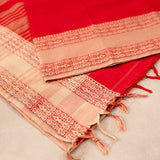 Devi Consecrated Cotton Saree – Vibrant Red with Beige Gold & Traditional Woven Border