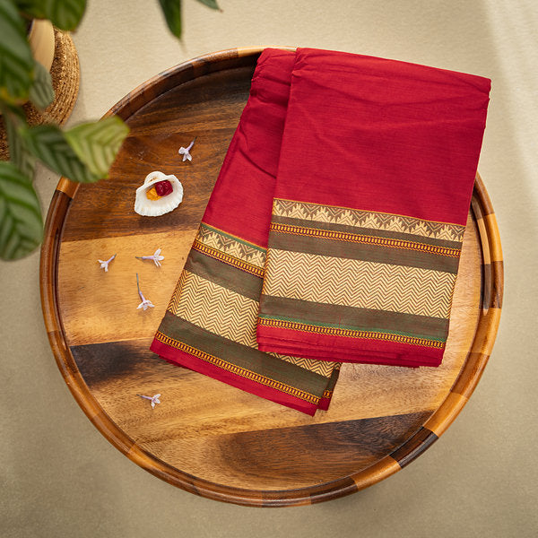 Devi Consecrated Cotton Saree – Deep Crimson Red with Olive Green & Golden Beige Woven Border