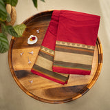 Devi Consecrated Cotton Saree – Deep Crimson Red with Olive Green & Golden Beige Woven Border
