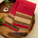 Devi Consecrated Cotton Saree – Deep Crimson Red with Olive Green & Golden Beige Woven Border