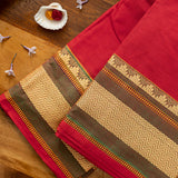 Devi Consecrated Cotton Saree – Deep Crimson Red with Olive Green & Golden Beige Woven Border
