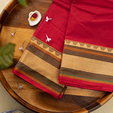 Devi Consecrated Cotton Saree – Deep Crimson Red with Olive Green & Golden Beige Woven Border