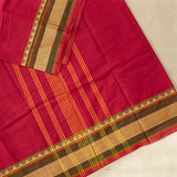 Devi Consecrated Cotton Saree – Deep Crimson Red with Olive Green & Golden Beige Woven Border