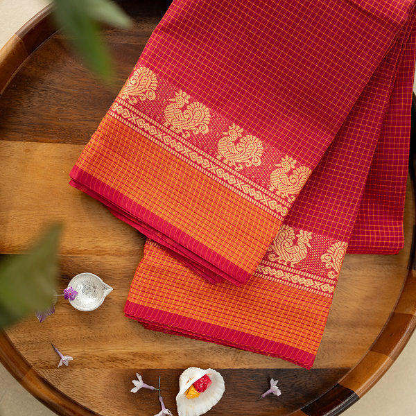 Devi Energised Cotton Saree – Deep Magenta Red with Orange Gold Checked & Traditional Floral Woven Border
