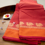 Devi Energised Cotton Saree – Deep Magenta Red with Orange Gold Checked & Traditional Floral Woven Border