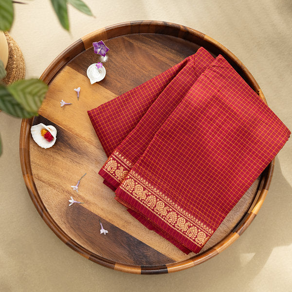 Devi Energised Cotton Saree – Deep Magenta Red with Golden Yellow Checks & Floral Woven Border