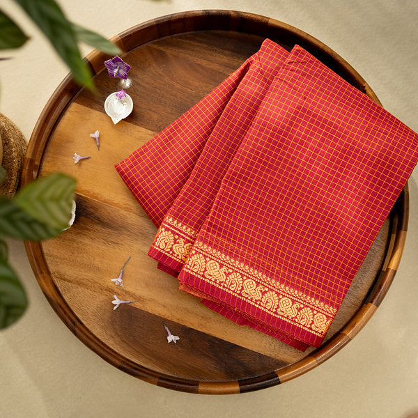 Devi Energised Cotton Saree – Deep Magenta Red with Golden Yellow Checks & Floral Woven Border