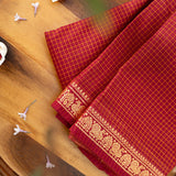Devi Energised Cotton Saree – Deep Magenta Red with Golden Yellow Checks & Floral Woven Border