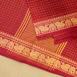 Devi Energised Cotton Saree – Deep Magenta Red with Golden Yellow Checks & Floral Woven Border
