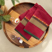 Devi Energised Cotton Saree – Deep Maroon Red with Golden Checks & Olive Green Traditional Woven Border