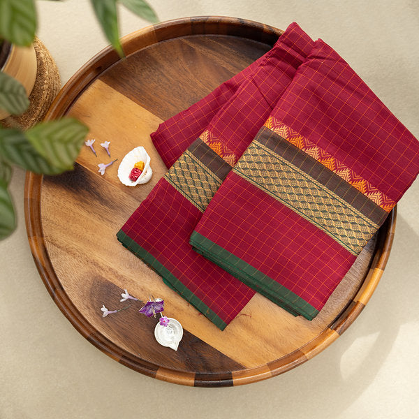 Devi Consecrated Cotton Saree – Deep Maroon Red with Golden Checks & Olive Green Traditional Woven Border